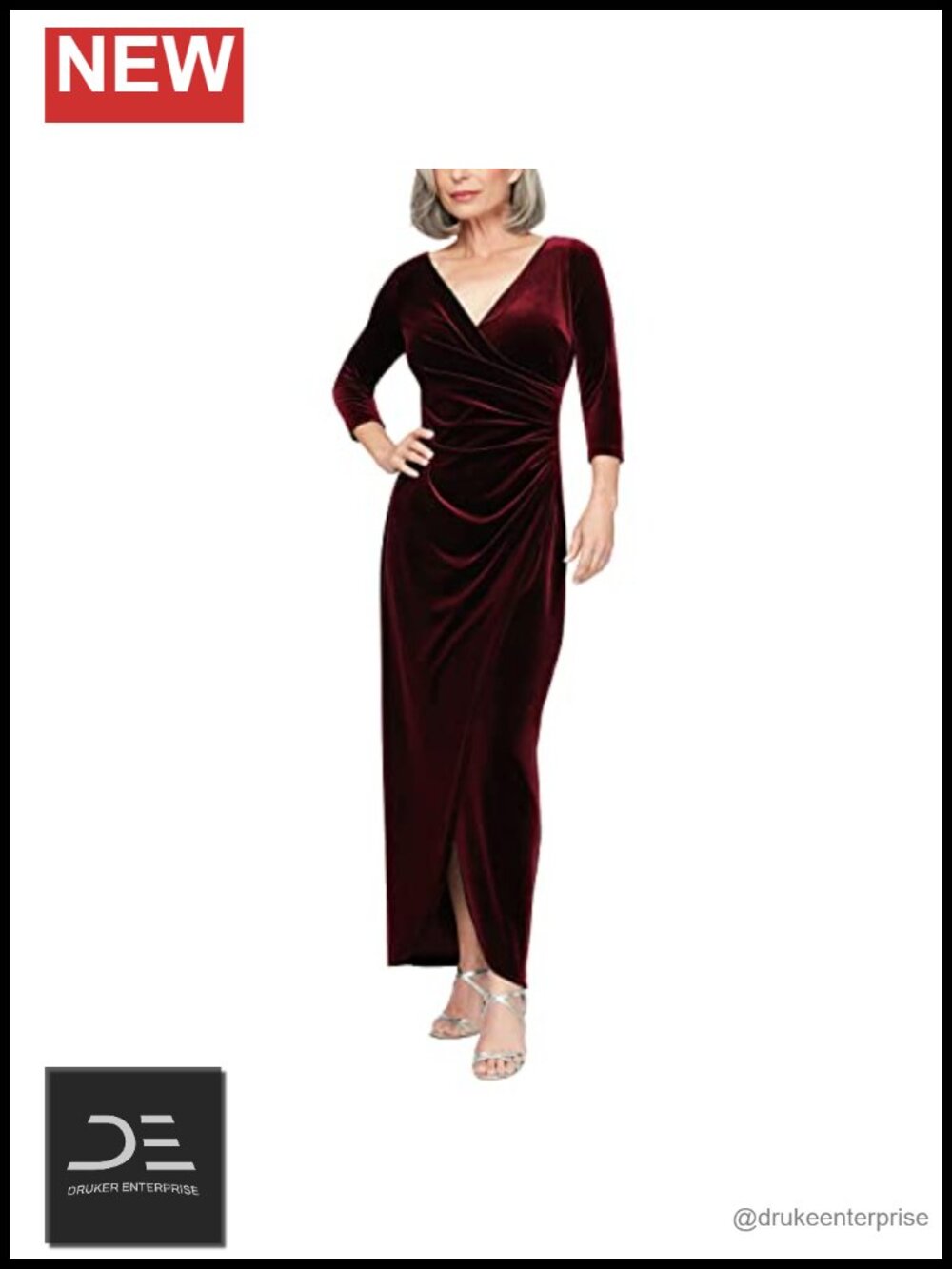 Formal Long 3/4 Sleeve Velvet Dress with Tie Waist & Tulip Hem